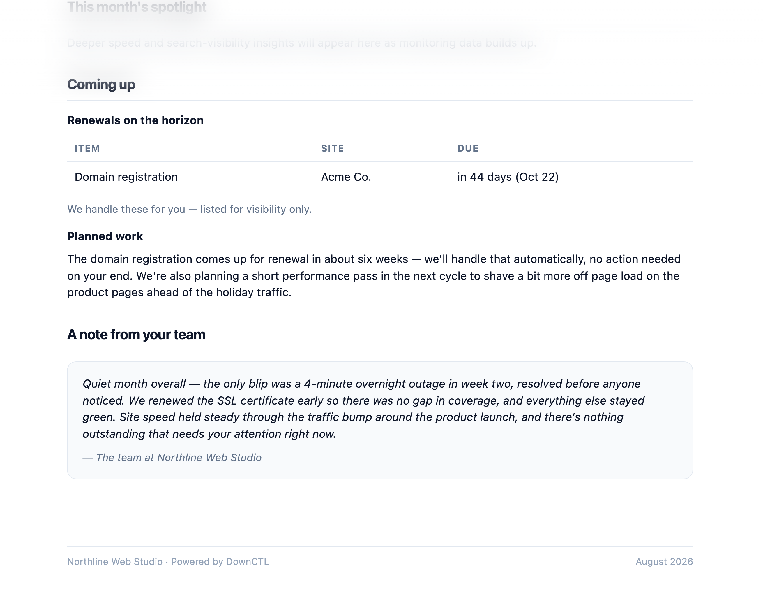 Upcoming renewals and a team note from a real DownCTL monthly care report